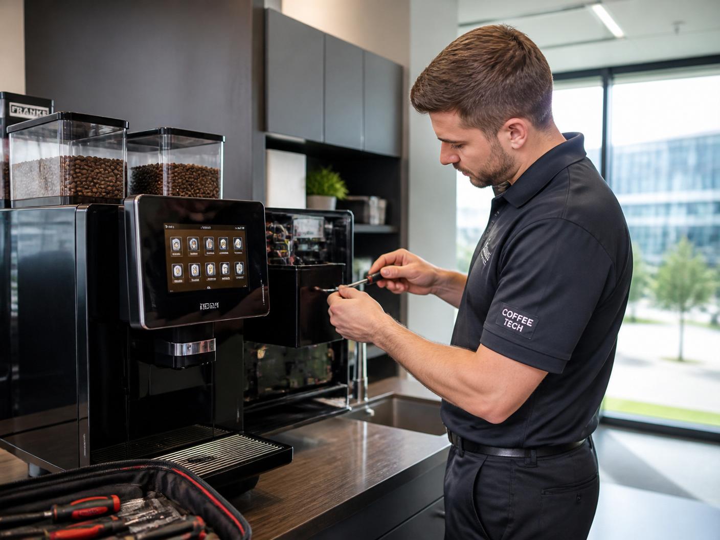 Technicien Foodsnob effectuant l'entretien préventif d'une machine à café commerciale en entreprise
